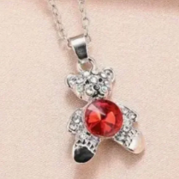 Bear Pendant Silver Tone Necklace Rhinestone - Picture 3 of 10